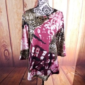 Max & Rina Pink/Brown Mixed Print Tunic sz M B57